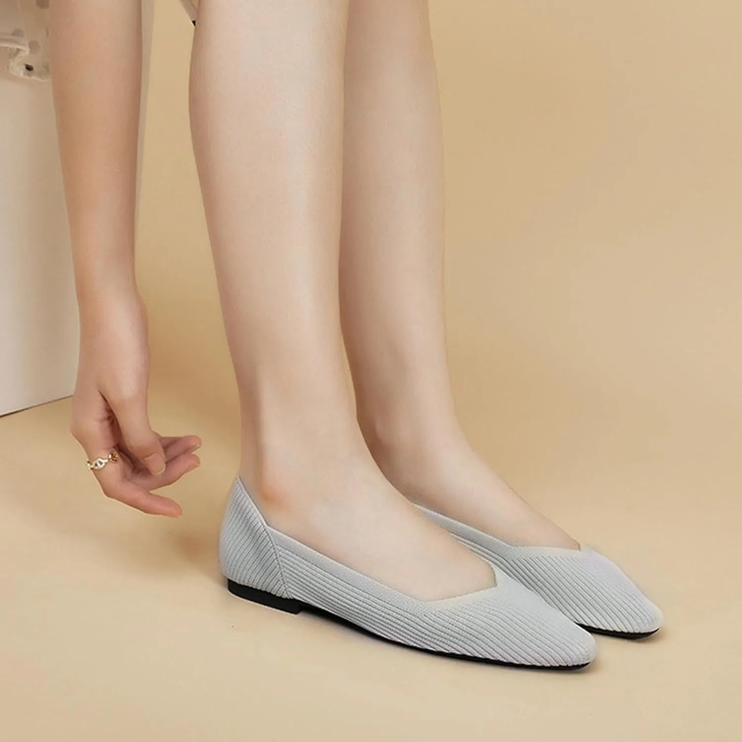 Women's Square Toe Flats Knit Dress Shoes Comfortable Mesh Flats for Women Slip On Ballet Flats Shoes Classic Soft Mary Jane Shoes