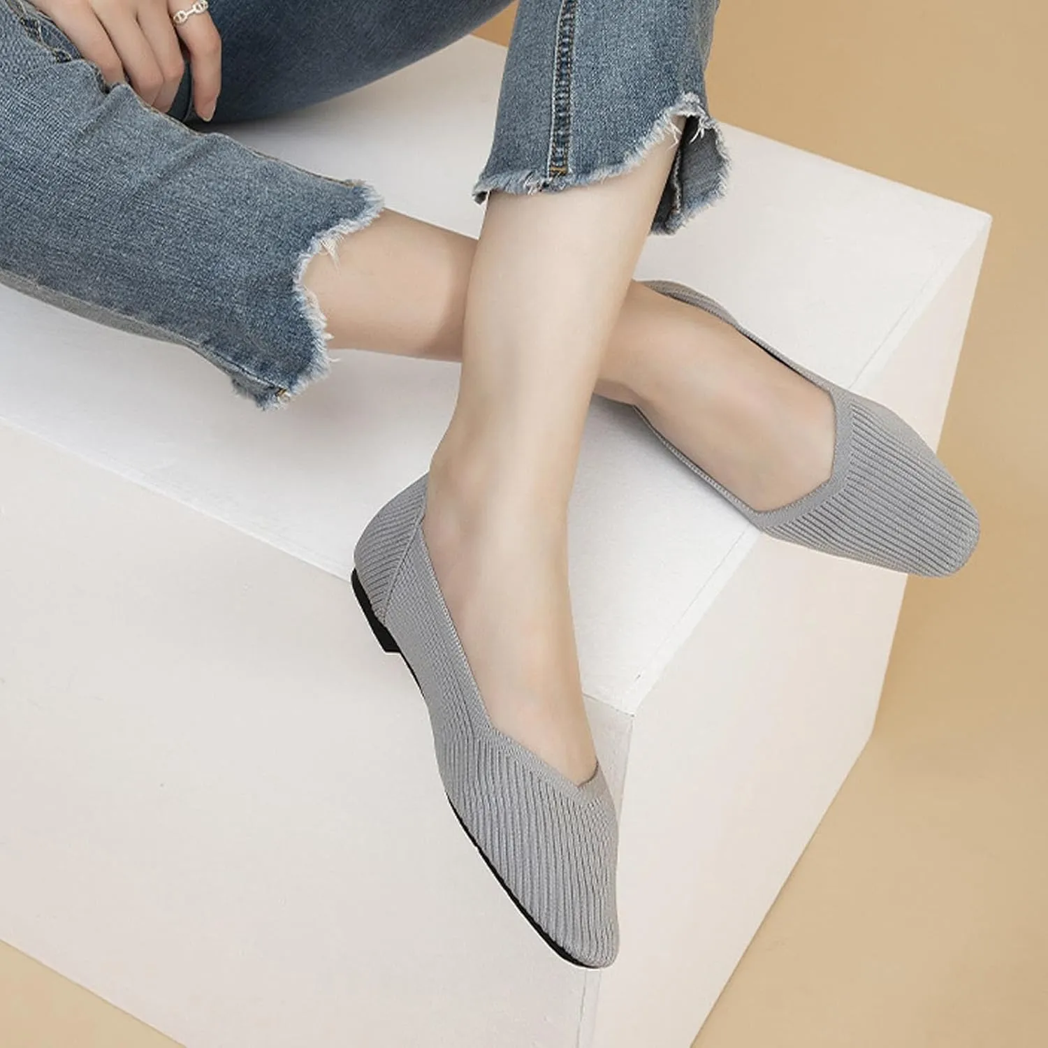 Women's Square Toe Flats Knit Dress Shoes Comfortable Mesh Flats for Women Slip On Ballet Flats Shoes Classic Soft Mary Jane Shoes