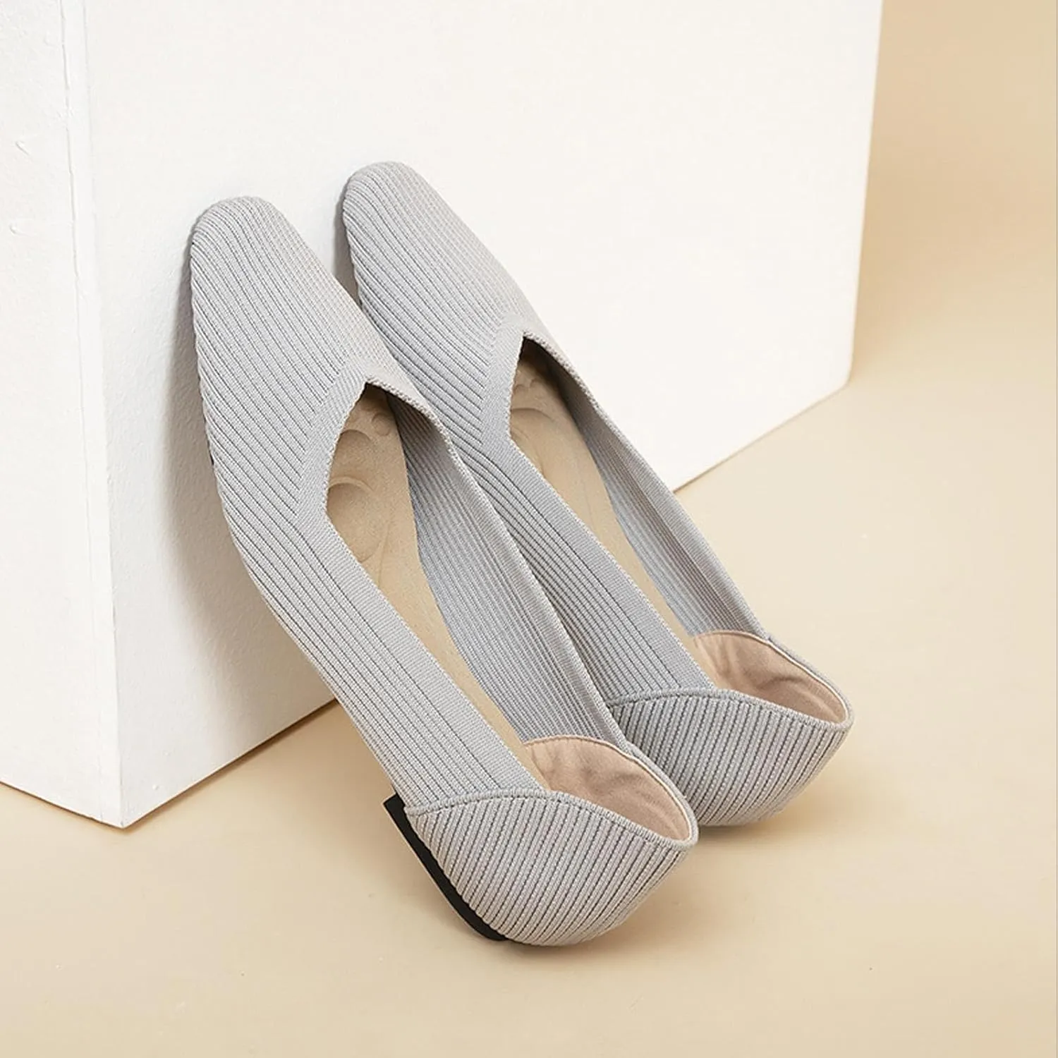 Women's Square Toe Flats Knit Dress Shoes Comfortable Mesh Flats for Women Slip On Ballet Flats Shoes Classic Soft Mary Jane Shoes