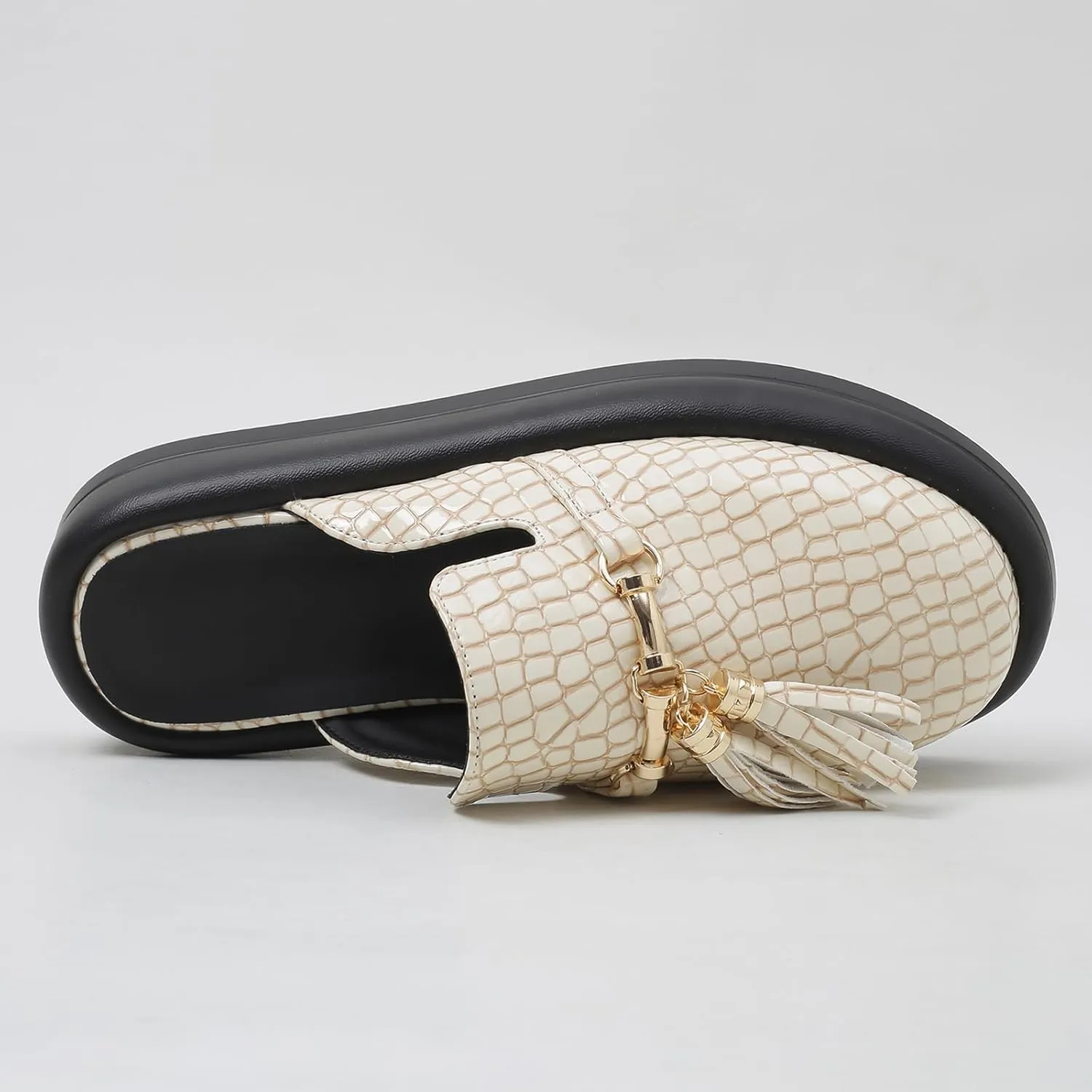 Women's Stone Print Leather Platform Fringe Mules Closed Round Toe Slip On Non-Slip Sandals with Soft Cushion Indoor/Outdoor Comfort Casual Clogs Slides