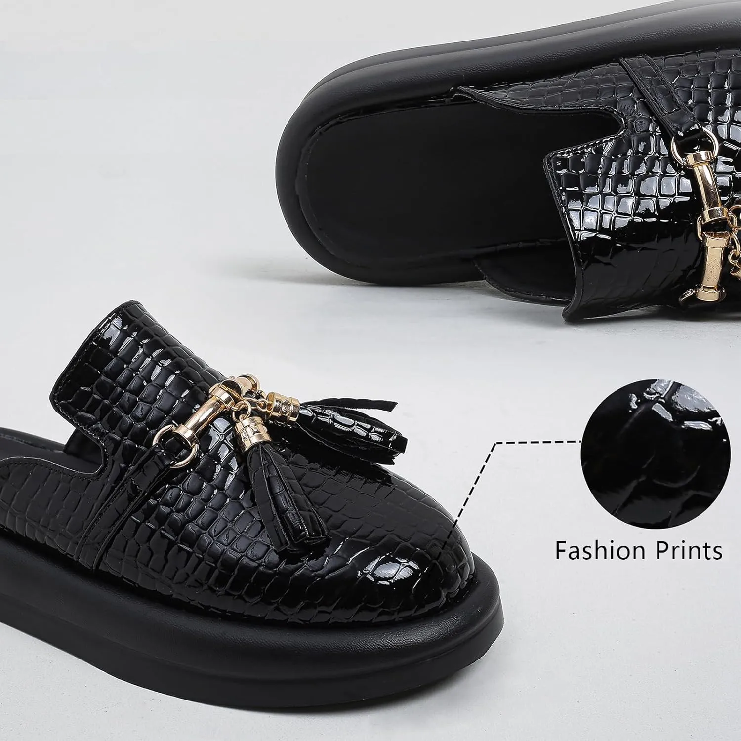 Women's Stone Print Leather Platform Fringe Mules Closed Round Toe Slip On Non-Slip Sandals with Soft Cushion Indoor/Outdoor Comfort Casual Clogs Slides