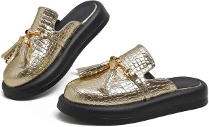 Women's Stone Print Leather Platform Fringe Mules Closed Round Toe Slip On Non-Slip Sandals with Soft Cushion Indoor/Outdoor Comfort Casual Clogs Slides