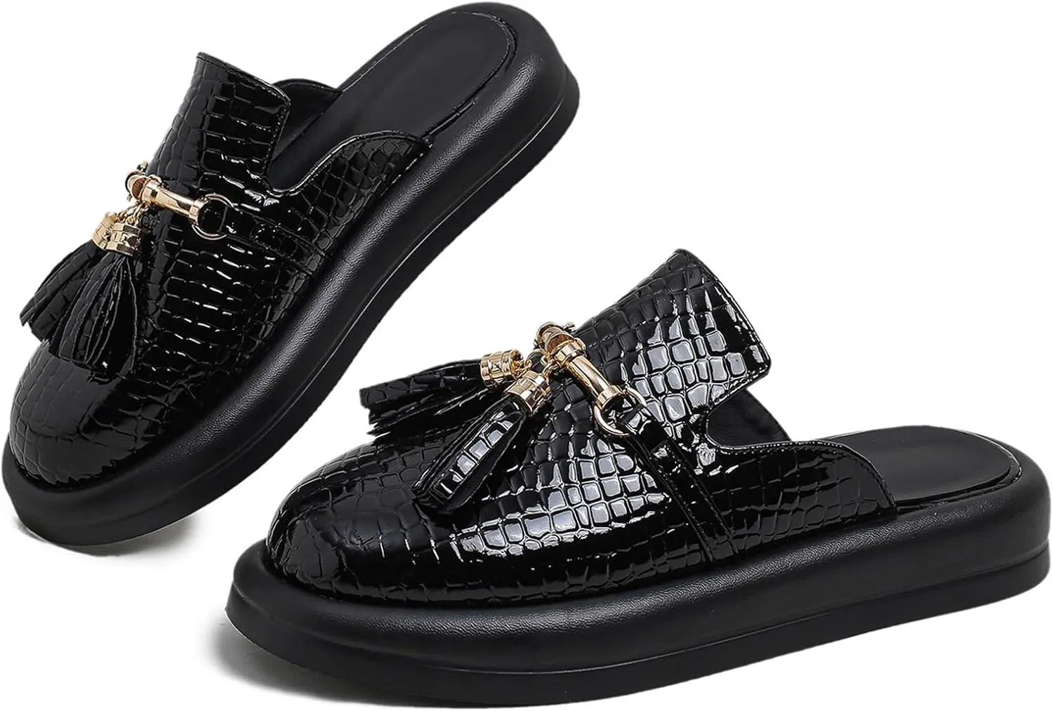Women's Stone Print Leather Platform Fringe Mules Closed Round Toe Slip On Non-Slip Sandals with Soft Cushion Indoor/Outdoor Comfort Casual Clogs Slides