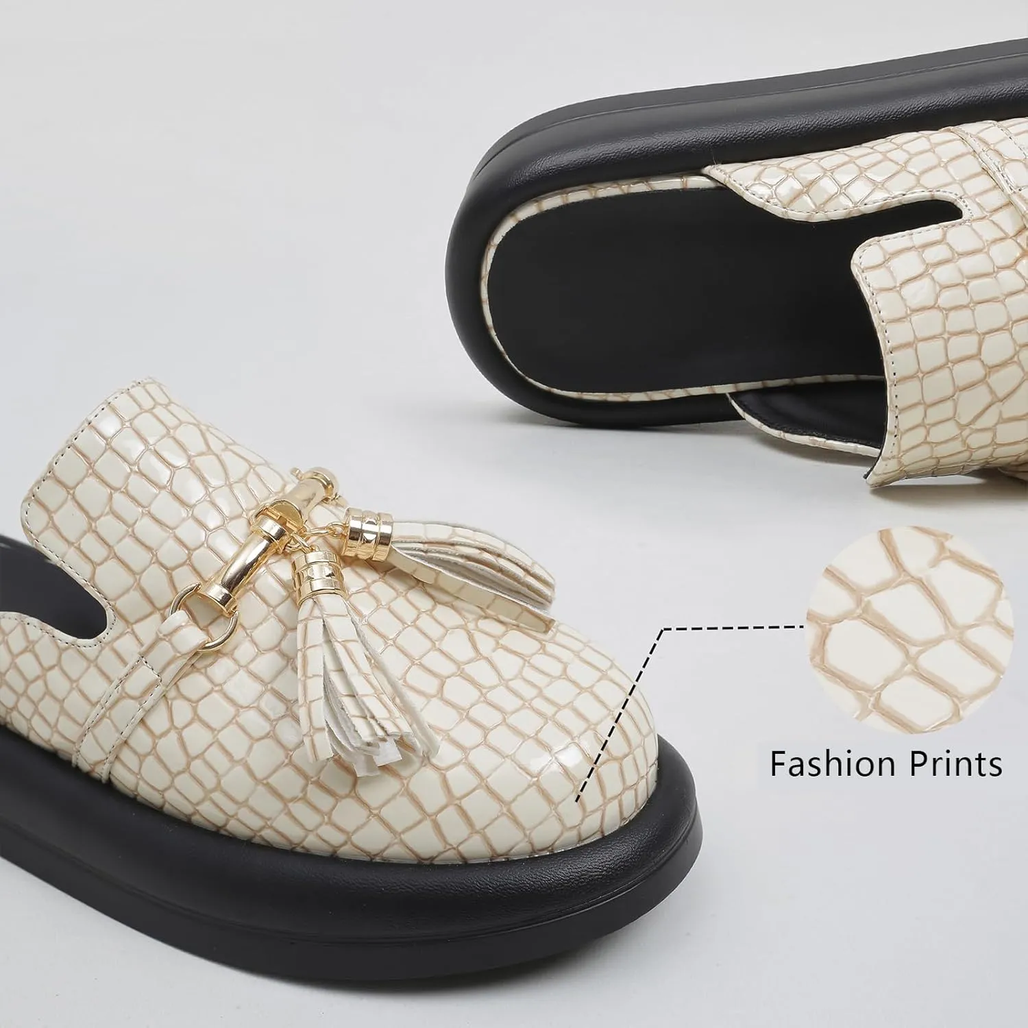 Women's Stone Print Leather Platform Fringe Mules Closed Round Toe Slip On Non-Slip Sandals with Soft Cushion Indoor/Outdoor Comfort Casual Clogs Slides