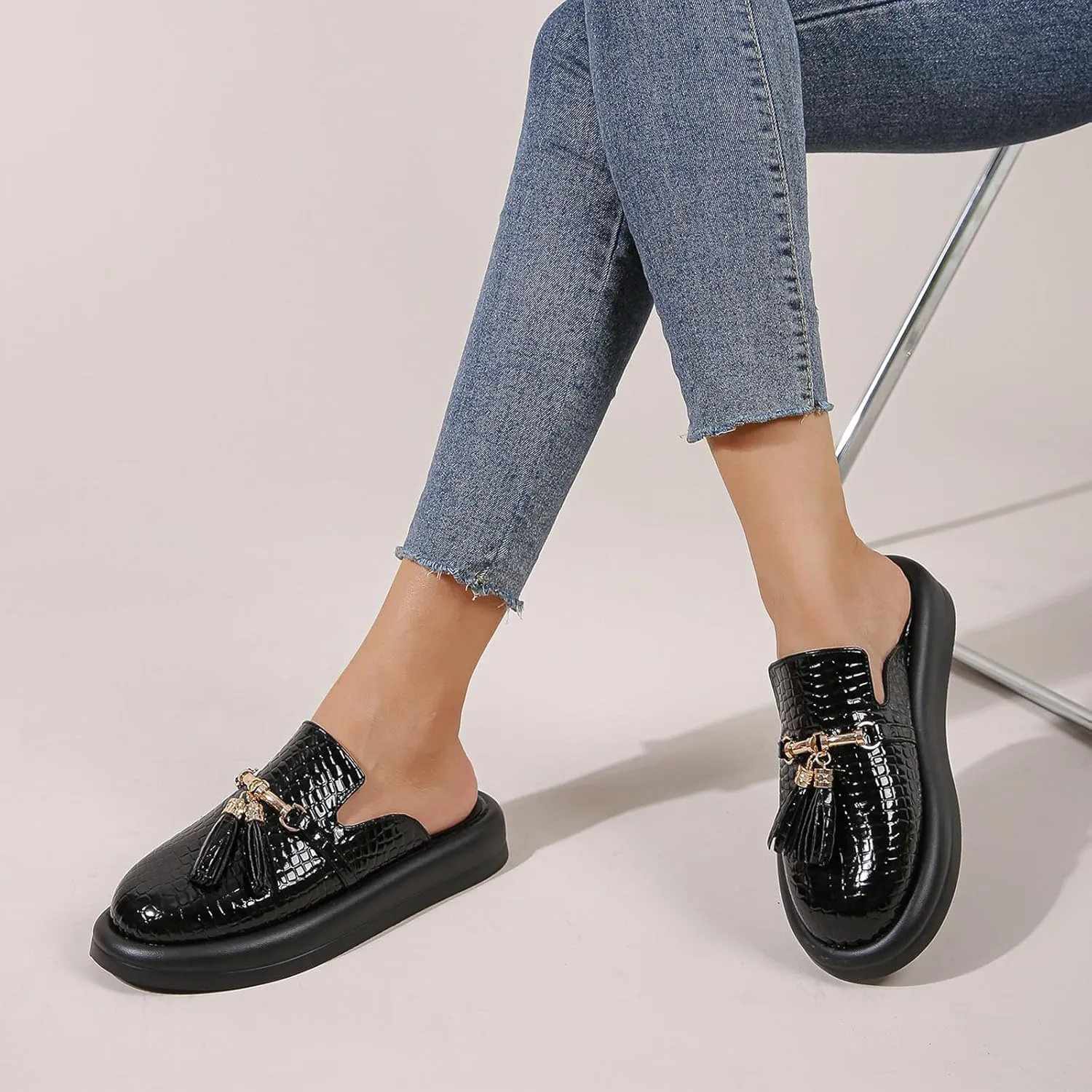Women's Stone Print Leather Platform Fringe Mules Closed Round Toe Slip On Non-Slip Sandals with Soft Cushion Indoor/Outdoor Comfort Casual Clogs Slides
