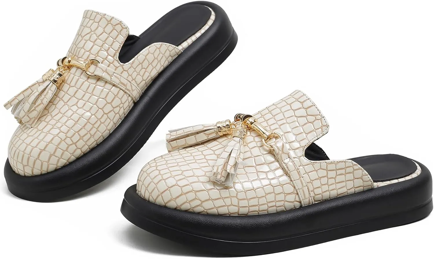 Women's Stone Print Leather Platform Fringe Mules Closed Round Toe Slip On Non-Slip Sandals with Soft Cushion Indoor/Outdoor Comfort Casual Clogs Slides