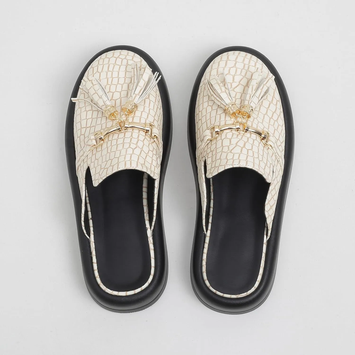 Women's Stone Print Leather Platform Fringe Mules Closed Round Toe Slip On Non-Slip Sandals with Soft Cushion Indoor/Outdoor Comfort Casual Clogs Slides