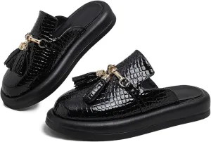 Women's Stone Print Leather Platform Fringe Mules Closed Round Toe Slip On Non-Slip Sandals with Soft Cushion Indoor/Outdoor Comfort Casual Clogs Slides