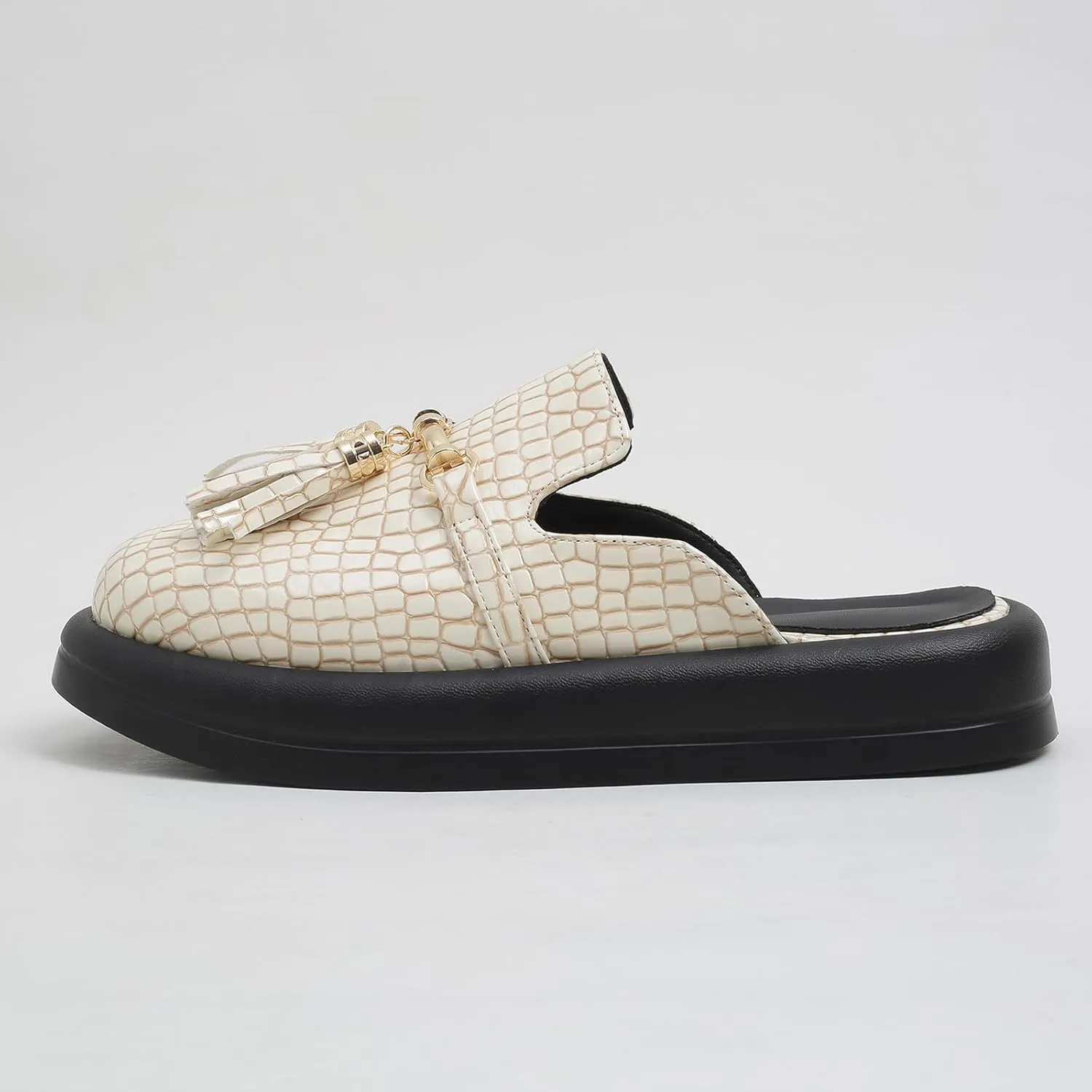 Women's Stone Print Leather Platform Fringe Mules Closed Round Toe Slip On Non-Slip Sandals with Soft Cushion Indoor/Outdoor Comfort Casual Clogs Slides