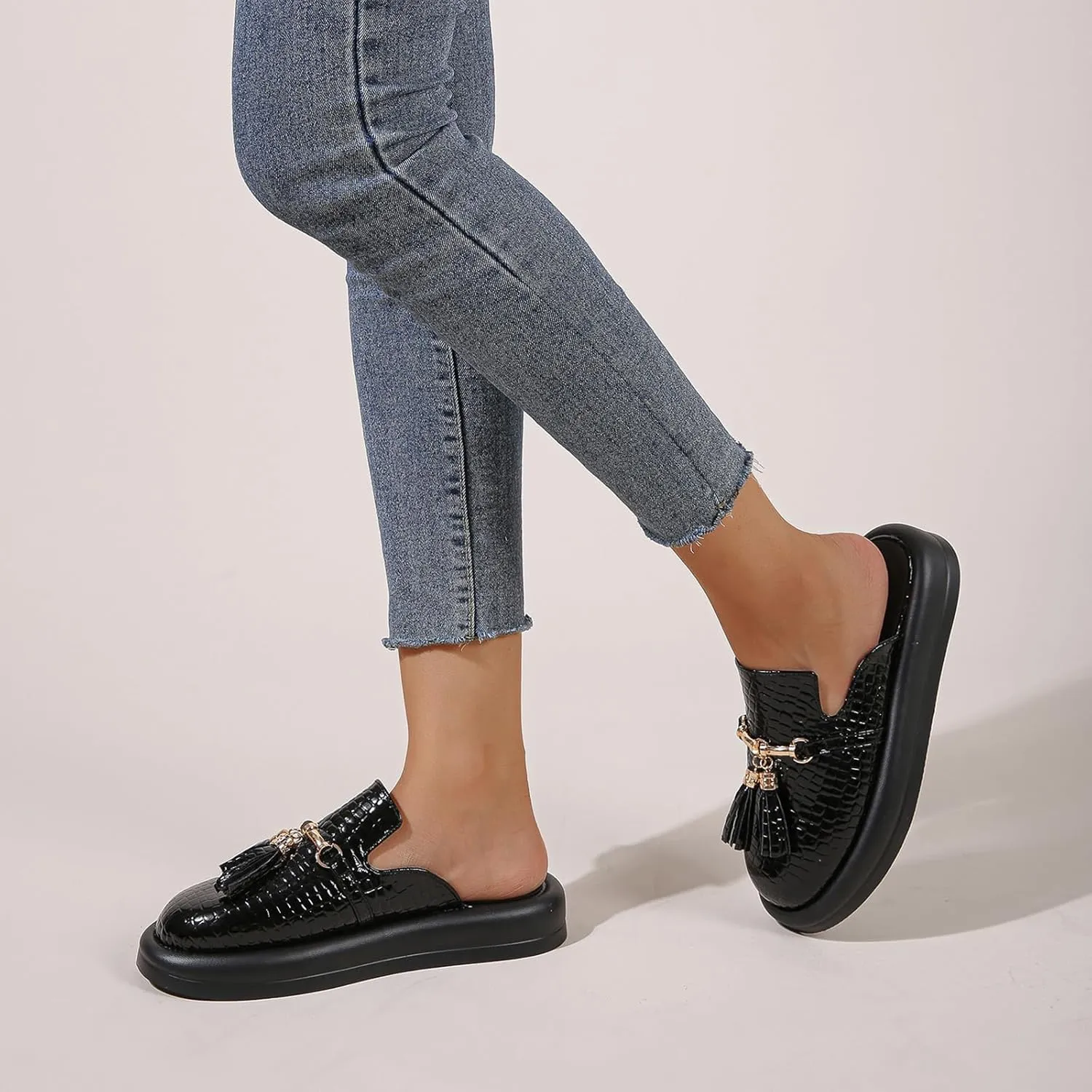 Women's Stone Print Leather Platform Fringe Mules Closed Round Toe Slip On Non-Slip Sandals with Soft Cushion Indoor/Outdoor Comfort Casual Clogs Slides
