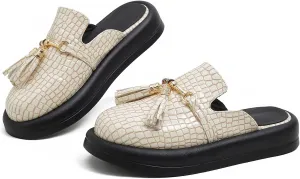 Women's Stone Print Leather Platform Fringe Mules Closed Round Toe Slip On Non-Slip Sandals with Soft Cushion Indoor/Outdoor Comfort Casual Clogs Slides