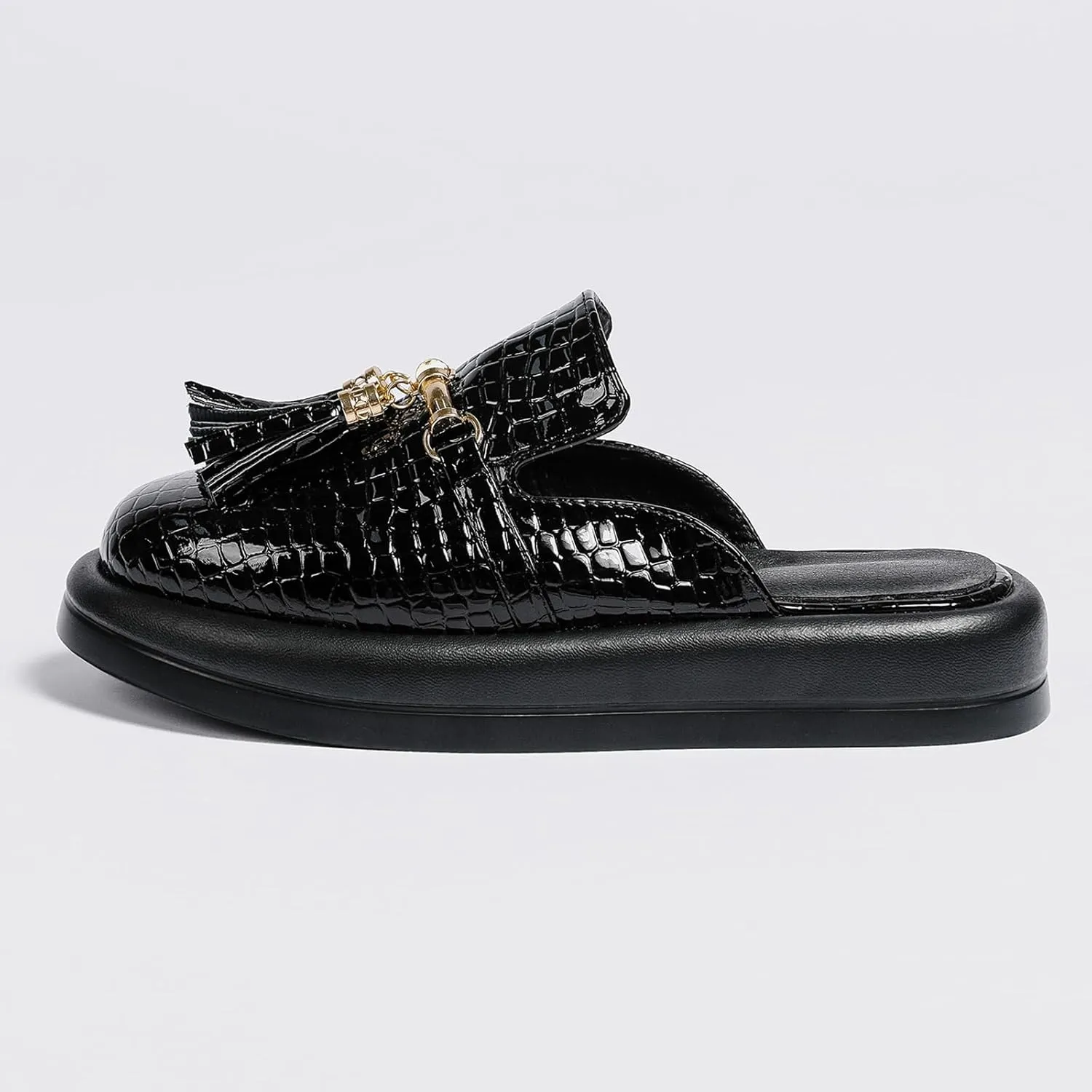 Women's Stone Print Leather Platform Fringe Mules Closed Round Toe Slip On Non-Slip Sandals with Soft Cushion Indoor/Outdoor Comfort Casual Clogs Slides