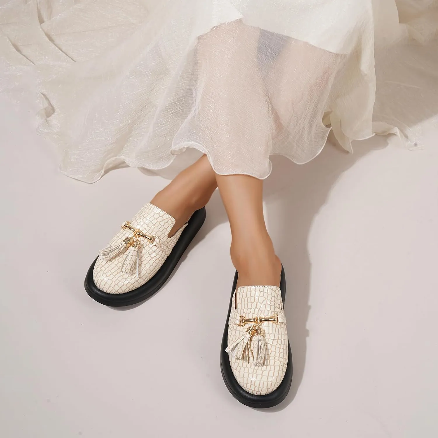 Women's Stone Print Leather Platform Fringe Mules Closed Round Toe Slip On Non-Slip Sandals with Soft Cushion Indoor/Outdoor Comfort Casual Clogs Slides
