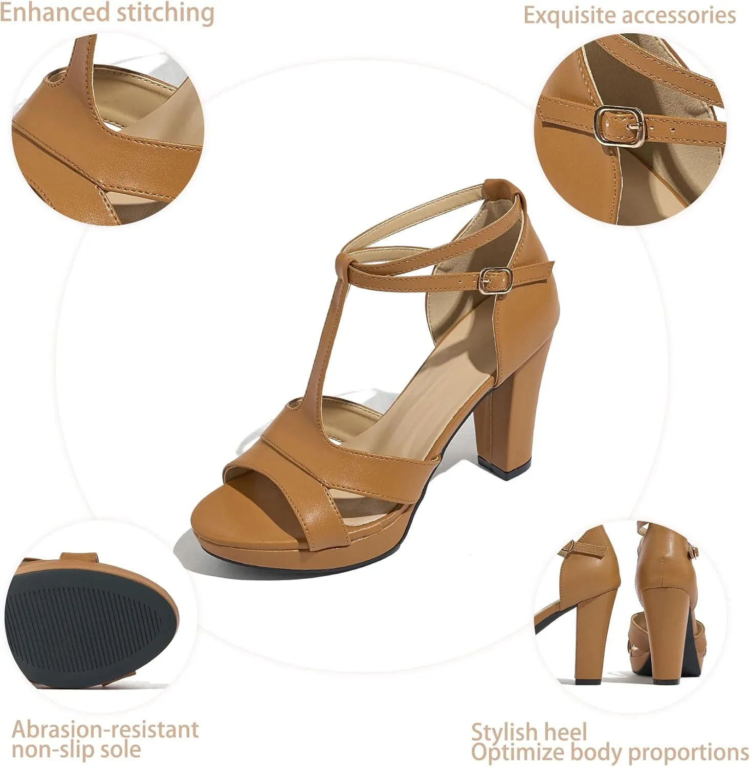 Women's Strappy Block Heels Sandals Comfortable Open Toe Chunky Dress Wedding Shoes with Adjustable Ankle Strap