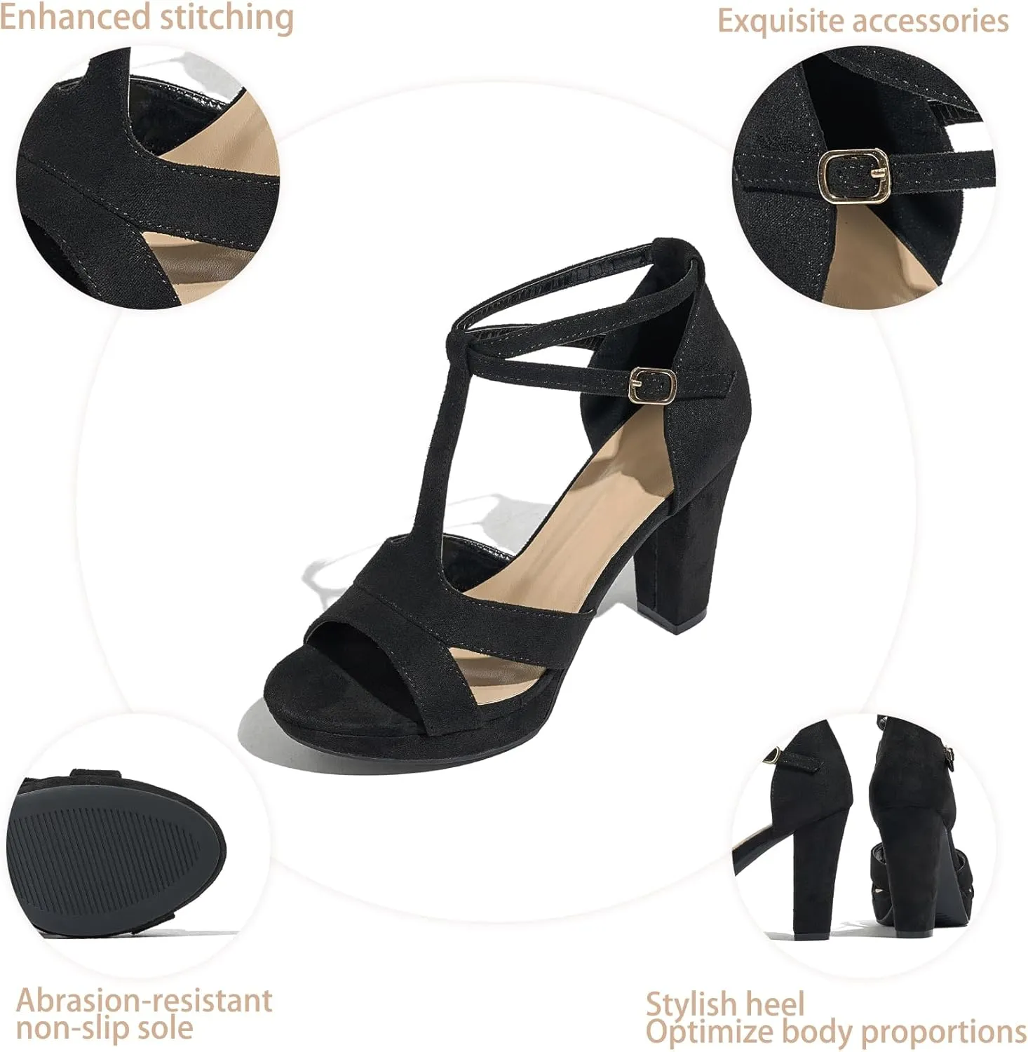 Women's Strappy Block Heels Sandals Comfortable Open Toe Chunky Dress Wedding Shoes with Adjustable Ankle Strap