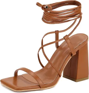 Womens Strappy Heels Lace Up Chunky Heel Sandals, Block Heel Wrap Sandals for Women Cute Sexy Dressy with Square Open Toe High Heels