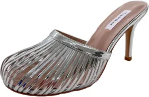Women's Strappy Mule Sandals Round Toe 3.5 Inch Stiletto High Heeled Slip-on Slippers Patent Metallic Leather Ladies Shoes
