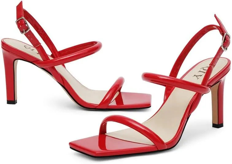 Womens Strappy Sandals Open Toe Ankle Strap Heeled Sandals Square Toe High Heels for Women