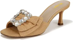 Women’s Studded Mules Pearl Slippers Rhinestone Sandals Kitten Mid Heels Open Square Toe Slip On Shoes Indoor Shopping Party Size 4-16 US