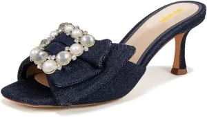 Women’s Studded Mules Pearl Slippers Rhinestone Sandals Kitten Mid Heels Open Square Toe Slip On Shoes Indoor Shopping Party Size 4-16 US