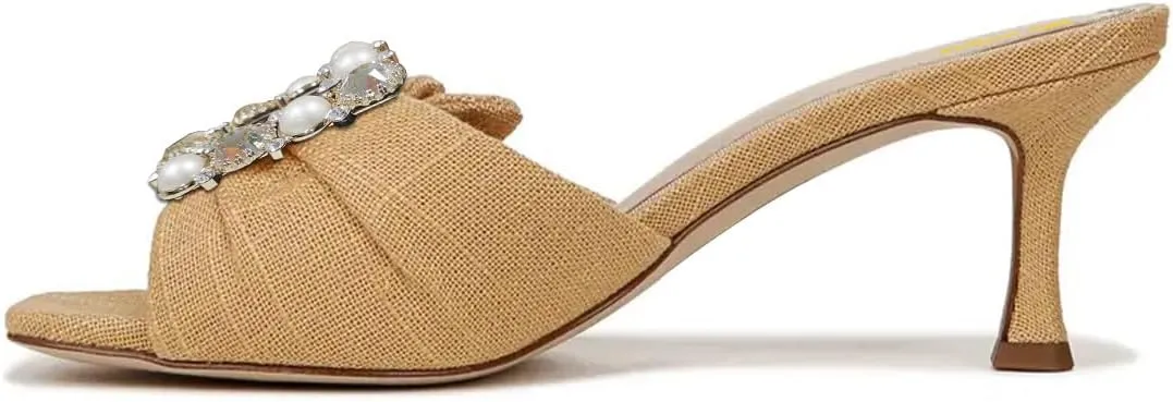 Women’s Studded Mules Pearl Slippers Rhinestone Sandals Kitten Mid Heels Open Square Toe Slip On Shoes Indoor Shopping Party Size 4-16 US