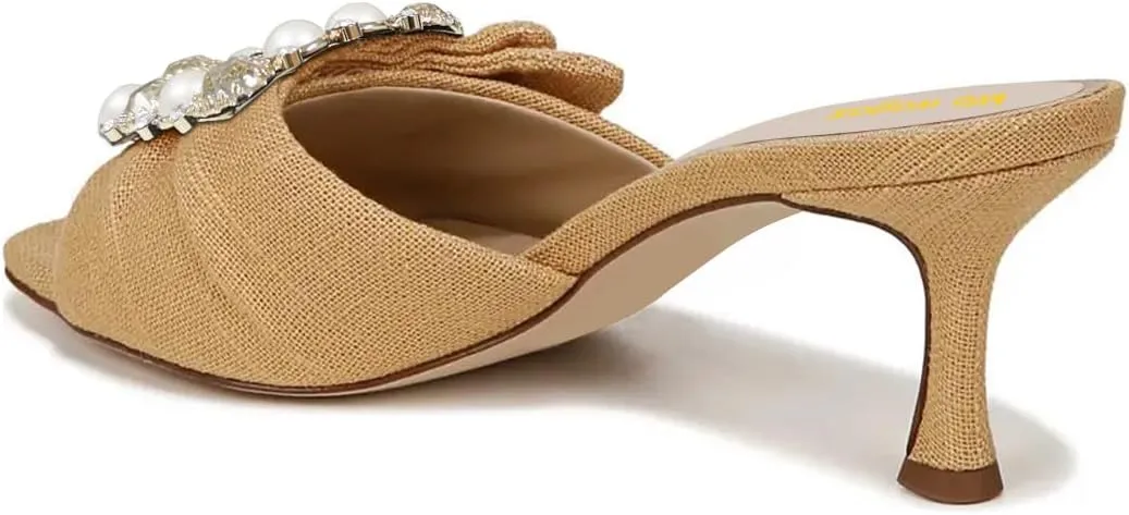 Women’s Studded Mules Pearl Slippers Rhinestone Sandals Kitten Mid Heels Open Square Toe Slip On Shoes Indoor Shopping Party Size 4-16 US