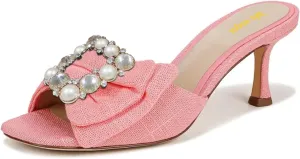 Women’s Studded Mules Pearl Slippers Rhinestone Sandals Kitten Mid Heels Open Square Toe Slip On Shoes Indoor Shopping Party Size 4-16 US
