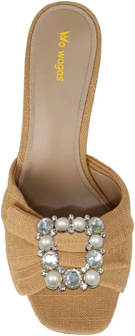 Women’s Studded Mules Pearl Slippers Rhinestone Sandals Kitten Mid Heels Open Square Toe Slip On Shoes Indoor Shopping Party Size 4-16 US