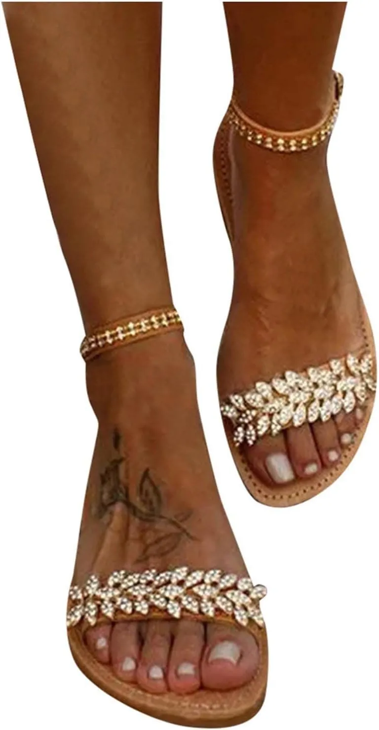 Women's Stylish Rhinestone Flat Sandals Summer Beach Crystal Flats Shoes Open Toes Sandal with Adjustable Strap
