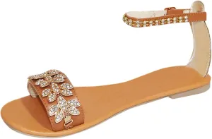 Women's Stylish Rhinestone Flat Sandals Summer Beach Crystal Flats Shoes Open Toes Sandal with Adjustable Strap
