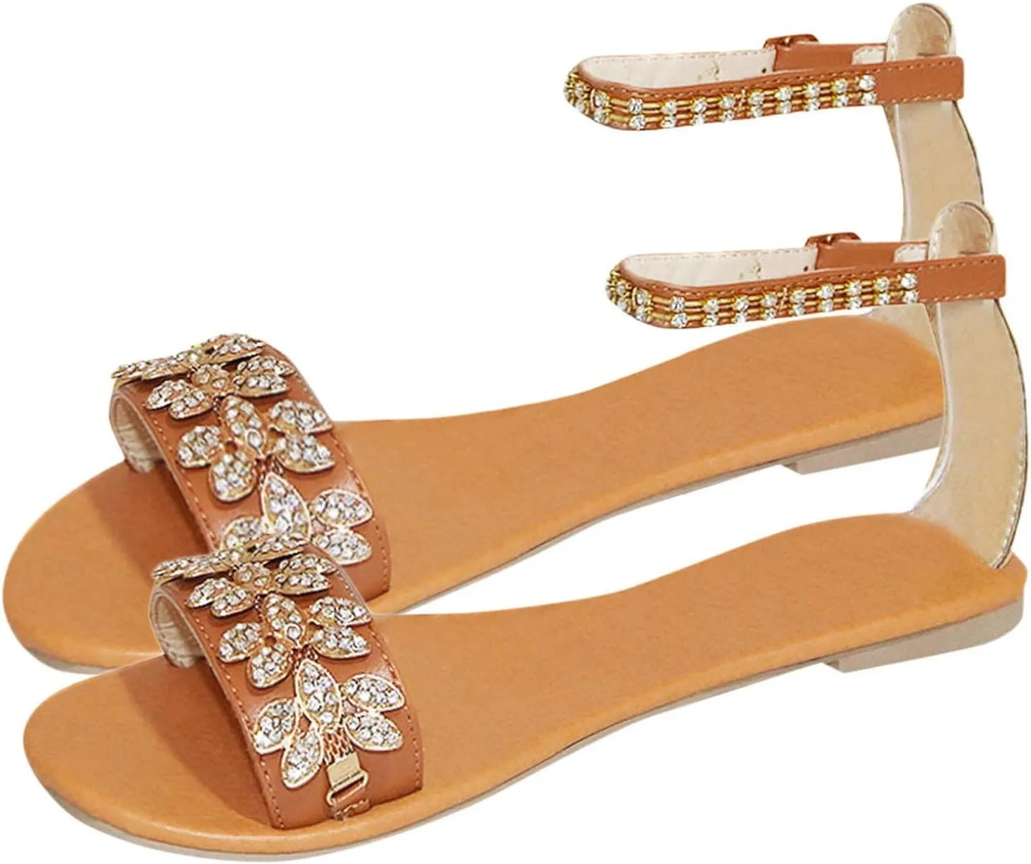 Women's Stylish Rhinestone Flat Sandals Summer Beach Crystal Flats Shoes Open Toes Sandal with Adjustable Strap