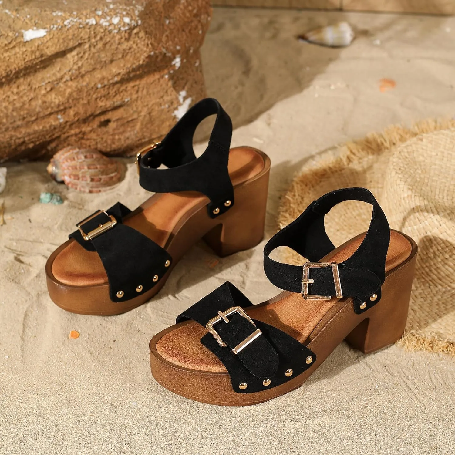 Womens Suede Platform Chunky Heel Retro Sandals with Adjustable Buckle Fashion One Word Belt Platform Block Heels Open Toe Wedding Party Dress Studded Sandals