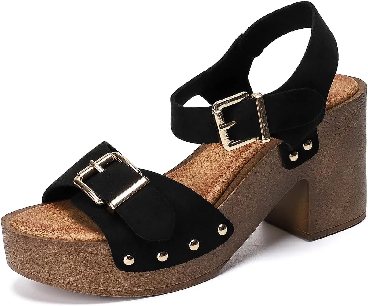 Womens Suede Platform Chunky Heel Retro Sandals with Adjustable Buckle Fashion One Word Belt Platform Block Heels Open Toe Wedding Party Dress Studded Sandals