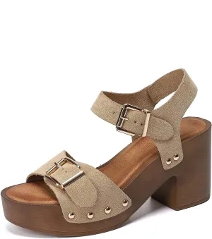Womens Suede Platform Chunky Heel Retro Sandals with Adjustable Buckle Fashion One Word Belt Platform Block Heels Open Toe Wedding Party Dress Studded Sandals