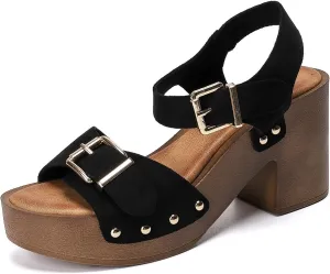 Womens Suede Platform Chunky Heel Retro Sandals with Adjustable Buckle Fashion One Word Belt Platform Block Heels Open Toe Wedding Party Dress Studded Sandals