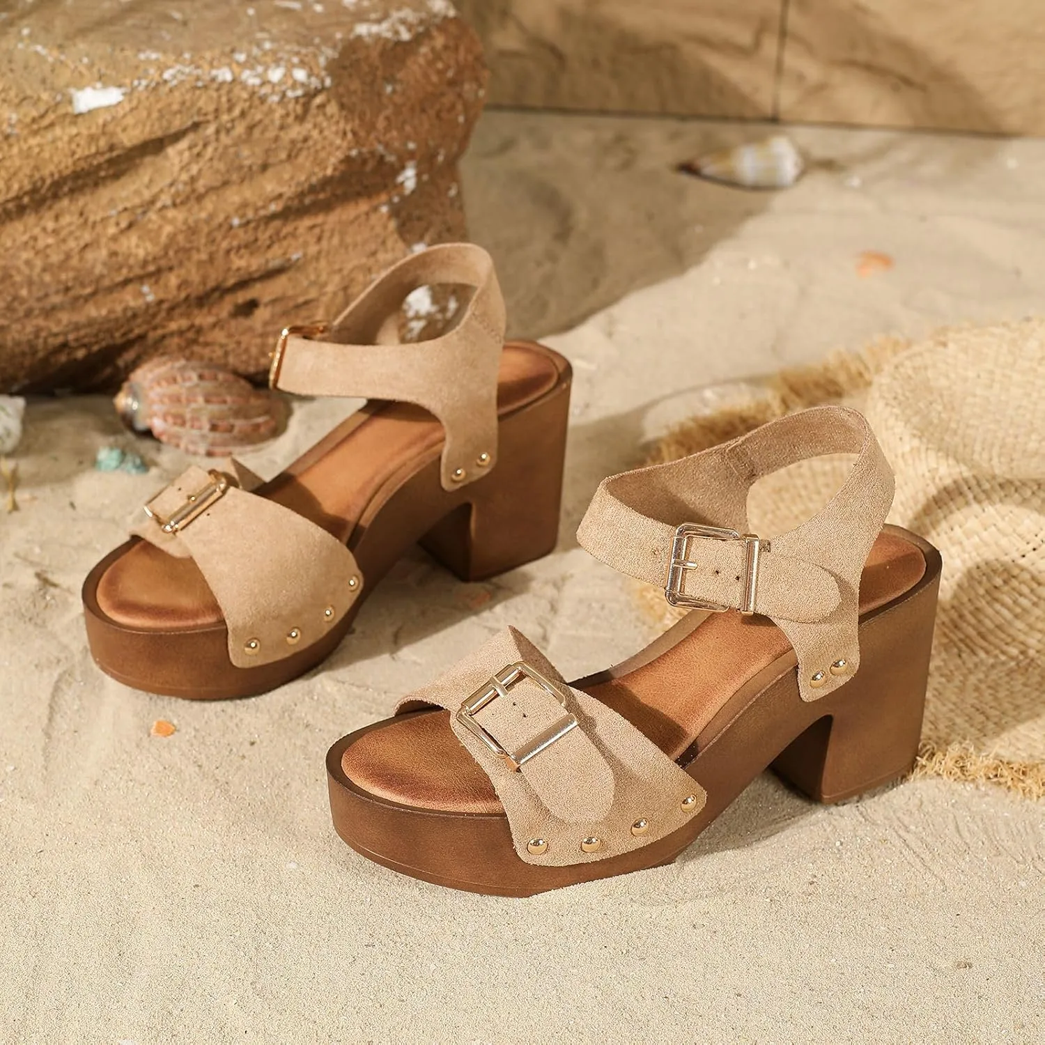 Womens Suede Platform Chunky Heel Retro Sandals with Adjustable Buckle Fashion One Word Belt Platform Block Heels Open Toe Wedding Party Dress Studded Sandals