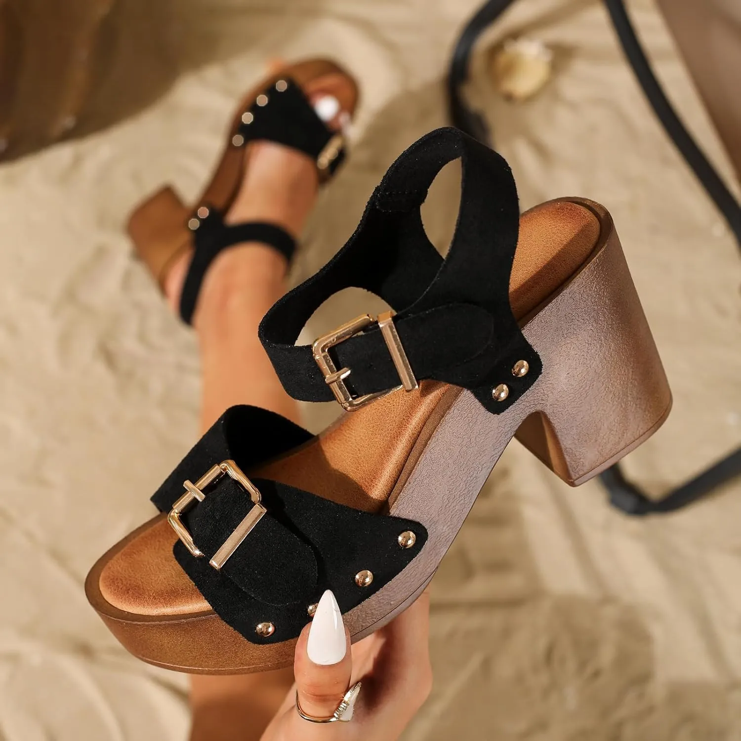 Womens Suede Platform Chunky Heel Retro Sandals with Adjustable Buckle Fashion One Word Belt Platform Block Heels Open Toe Wedding Party Dress Studded Sandals