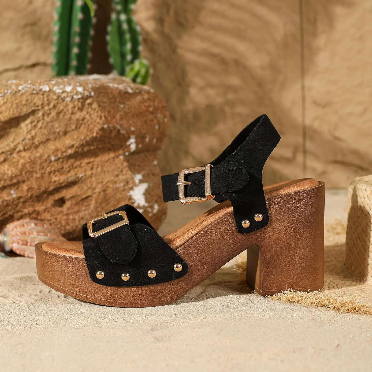 Womens Suede Platform Chunky Heel Retro Sandals with Adjustable Buckle Fashion One Word Belt Platform Block Heels Open Toe Wedding Party Dress Studded Sandals