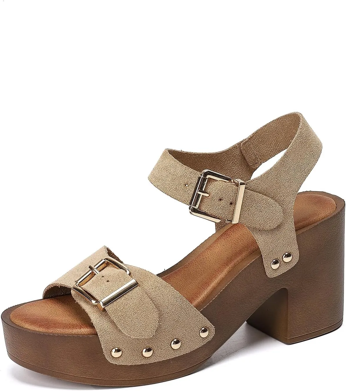 Womens Suede Platform Chunky Heel Retro Sandals with Adjustable Buckle Fashion One Word Belt Platform Block Heels Open Toe Wedding Party Dress Studded Sandals