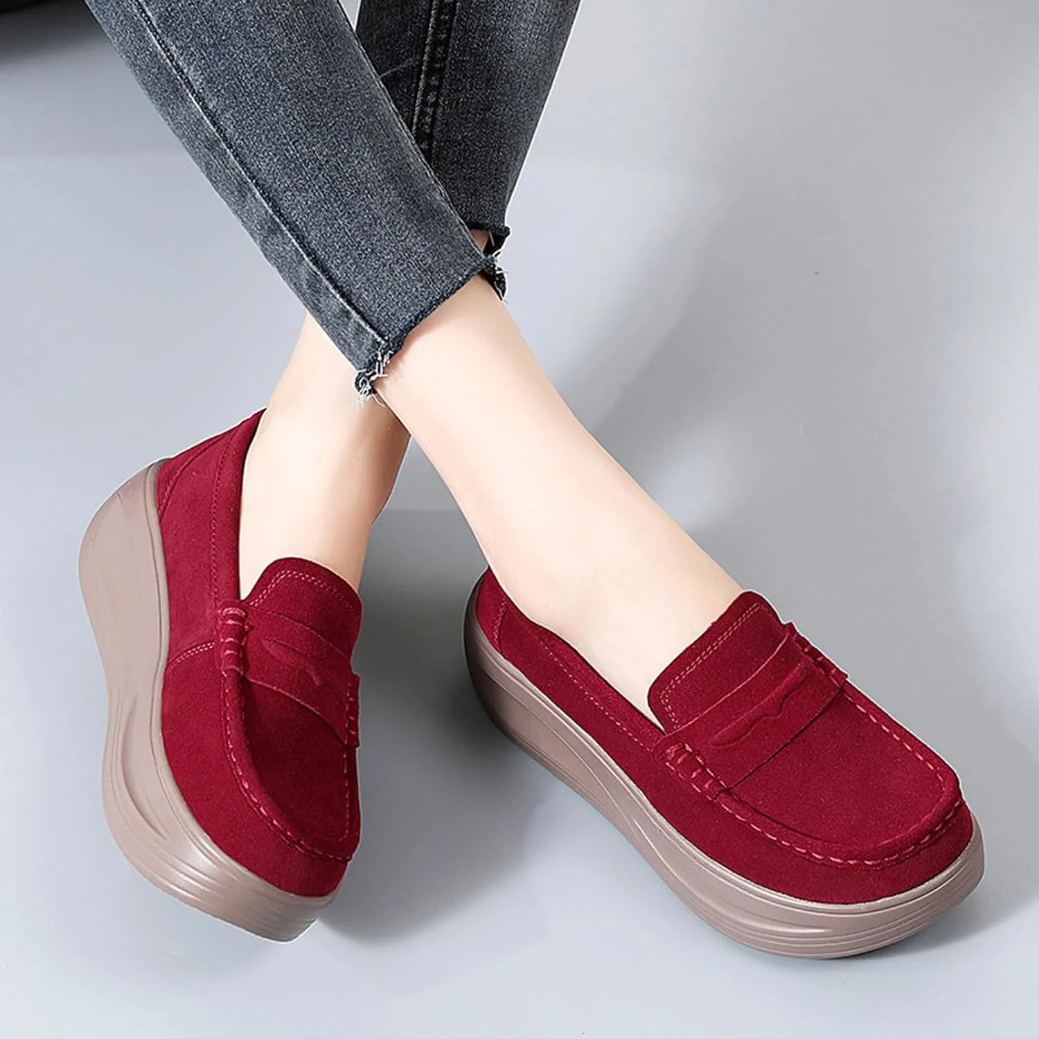 Women's Suede Platform Wedge Loafers Moccasin Toe Comfort Casual Slip-on Loafer Shoes Toning Rocker Non-Slip Walking Shoes with Arch Support