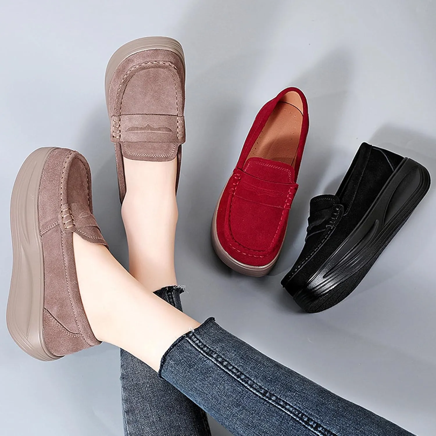 Women's Suede Platform Wedge Loafers Moccasin Toe Comfort Casual Slip-on Loafer Shoes Toning Rocker Non-Slip Walking Shoes with Arch Support