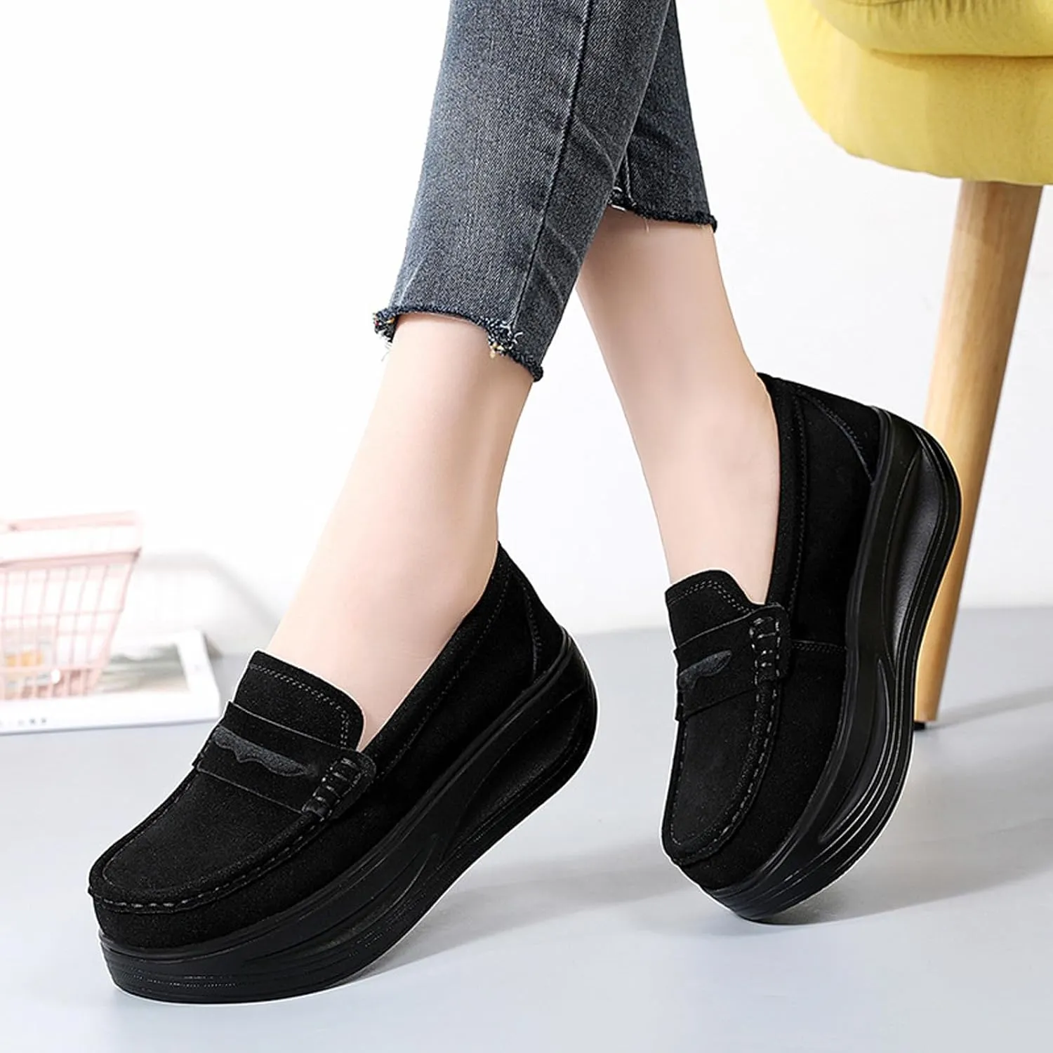 Women's Suede Platform Wedge Loafers Moccasin Toe Comfort Casual Slip-on Loafer Shoes Toning Rocker Non-Slip Walking Shoes with Arch Support