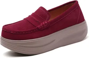 Women's Suede Platform Wedge Loafers Moccasin Toe Comfort Casual Slip-on Loafer Shoes Toning Rocker Non-Slip Walking Shoes with Arch Support