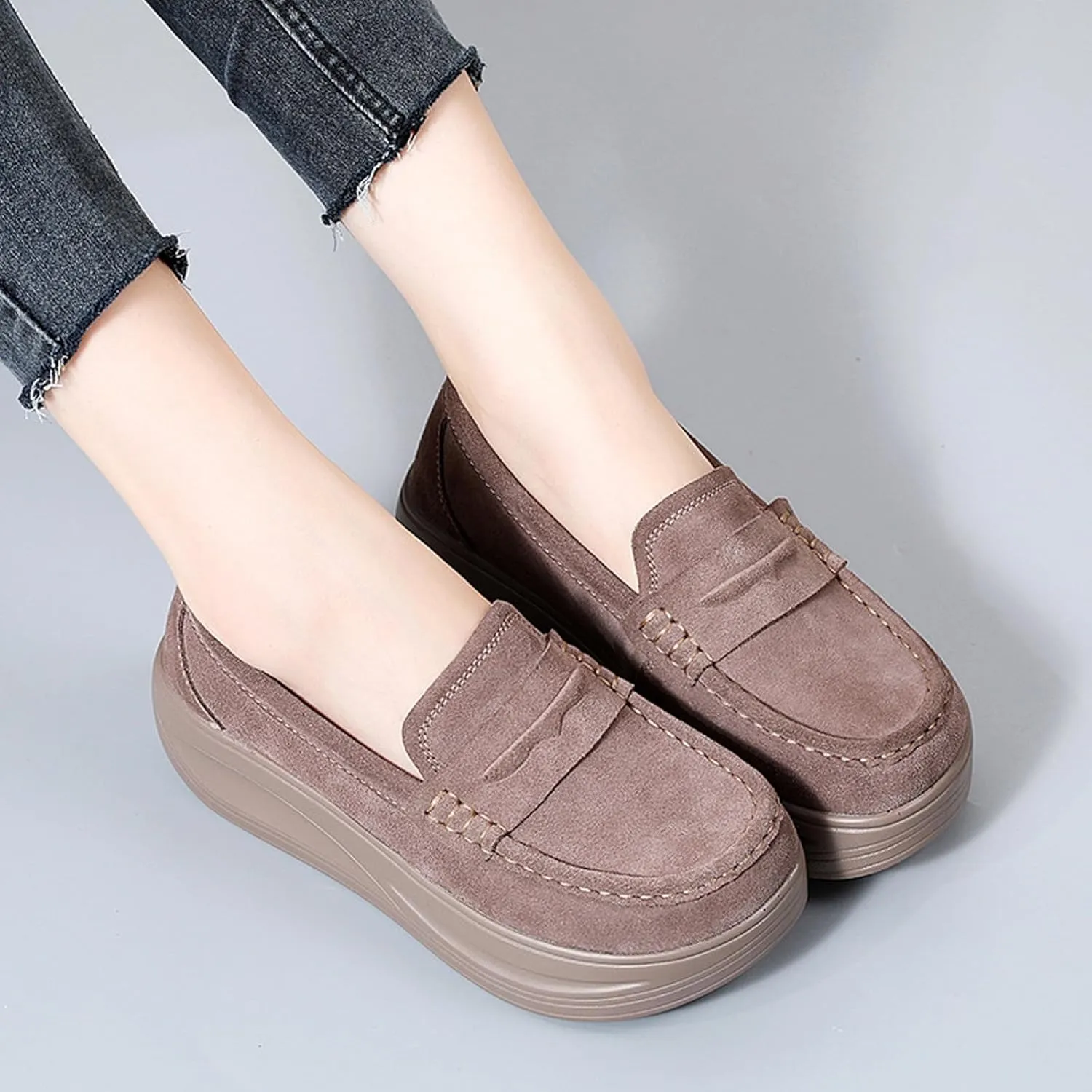 Women's Suede Platform Wedge Loafers Moccasin Toe Comfort Casual Slip-on Loafer Shoes Toning Rocker Non-Slip Walking Shoes with Arch Support