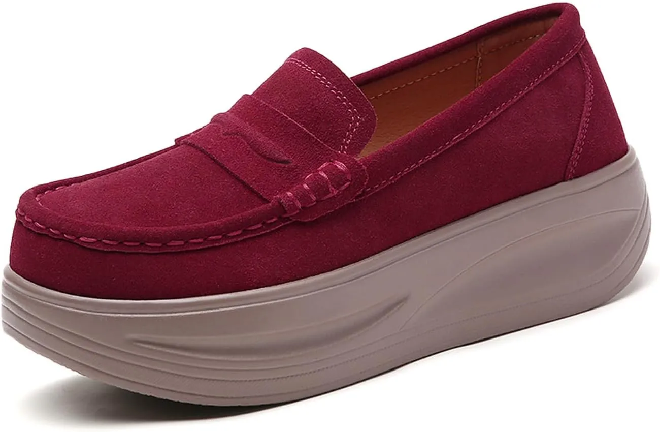 Women's Suede Platform Wedge Loafers Moccasin Toe Comfort Casual Slip-on Loafer Shoes Toning Rocker Non-Slip Walking Shoes with Arch Support