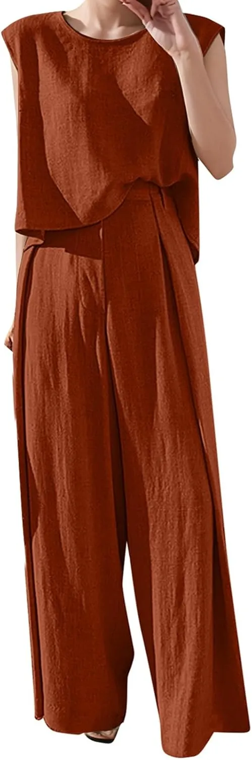 Women's Summer 2 Piece Outfits Casual 2 Piece Cotton Linen Sets Short Sleeve Top Wide Leg Pants Matching Set