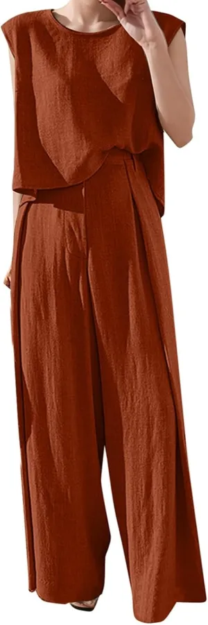 Women's Summer 2 Piece Outfits Casual 2 Piece Cotton Linen Sets Short Sleeve Top Wide Leg Pants Matching Set