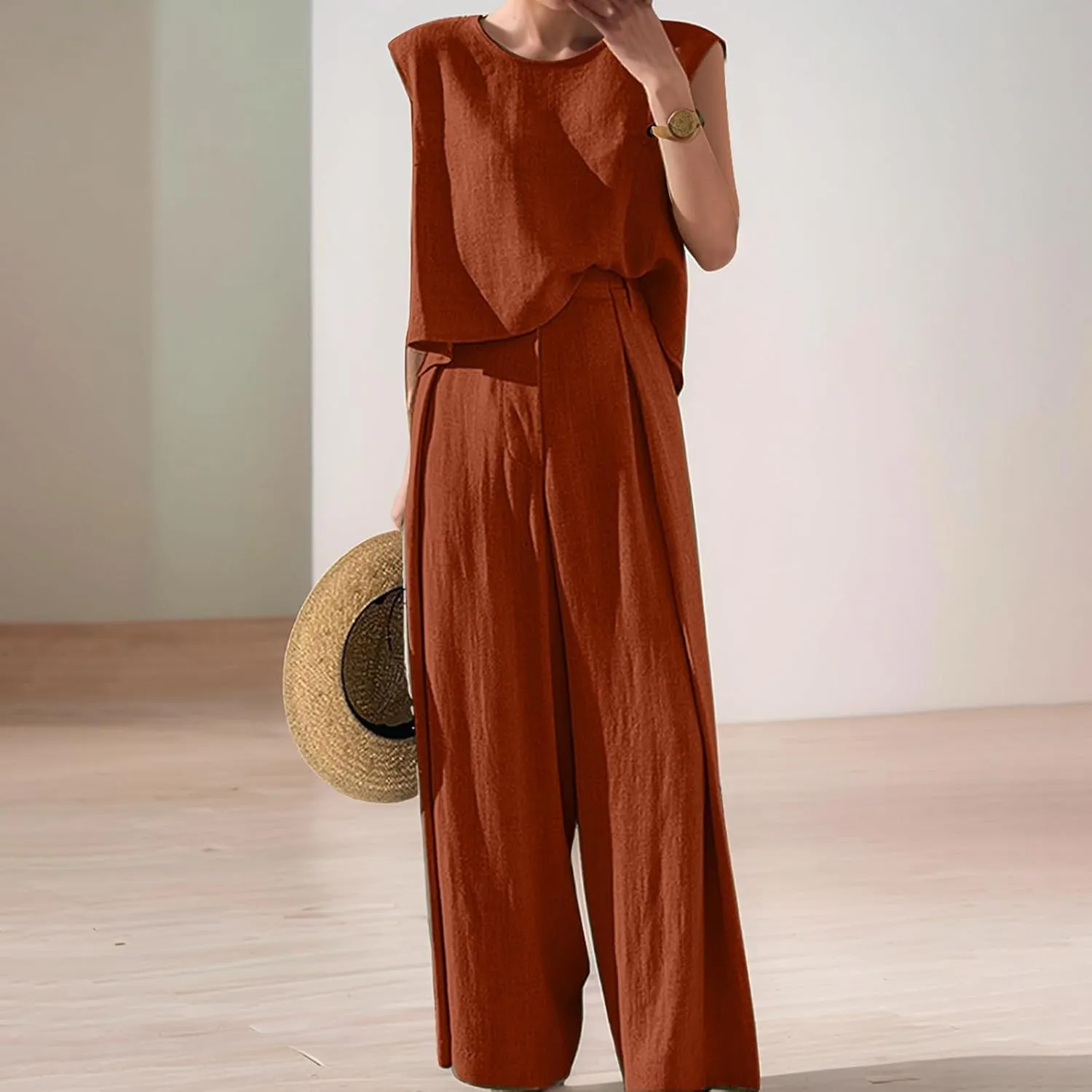 Women's Summer 2 Piece Outfits Casual 2 Piece Cotton Linen Sets Short Sleeve Top Wide Leg Pants Matching Set