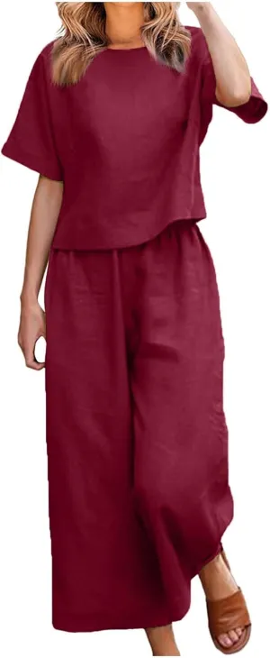 Women's Summer 2 Piece Outfits Linen Short Sleeve Top and Wide Leg Pants Lounge Matching Tracksuits Trendy Clothes