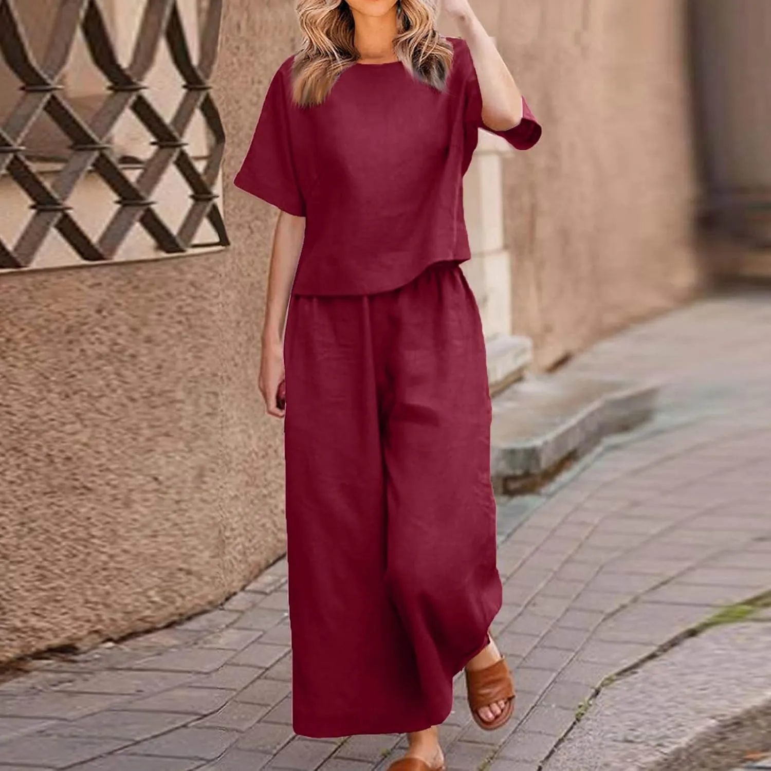 Women's Summer 2 Piece Outfits Linen Short Sleeve Top and Wide Leg Pants Lounge Matching Tracksuits Trendy Clothes